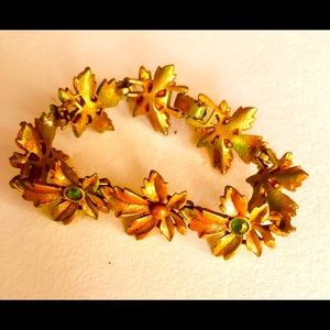 Vintage Flower Metal Bracelet Verdigris finish with Blue Crystal Stones